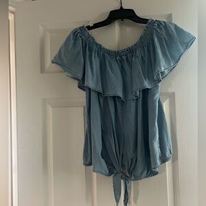 Peak A Boo off the shoulder Jean like shirt